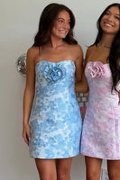 Load image into Gallery viewer, Blue Printed Strapless Tight Short Cocktail Dress with 3D Flower