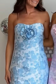 Blue Printed Strapless Tight Short Cocktail Dress with 3D Flower