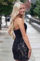 Load image into Gallery viewer, Sparkly Black Strapless Corset Short Cocktail Dress with Lace
