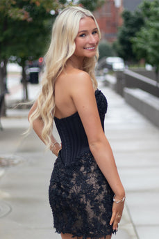 Sparkly Black Strapless Corset Short Cocktail Dress with Lace