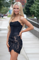 Load image into Gallery viewer, Sparkly Black Strapless Corset Short Cocktail Dress with Lace
