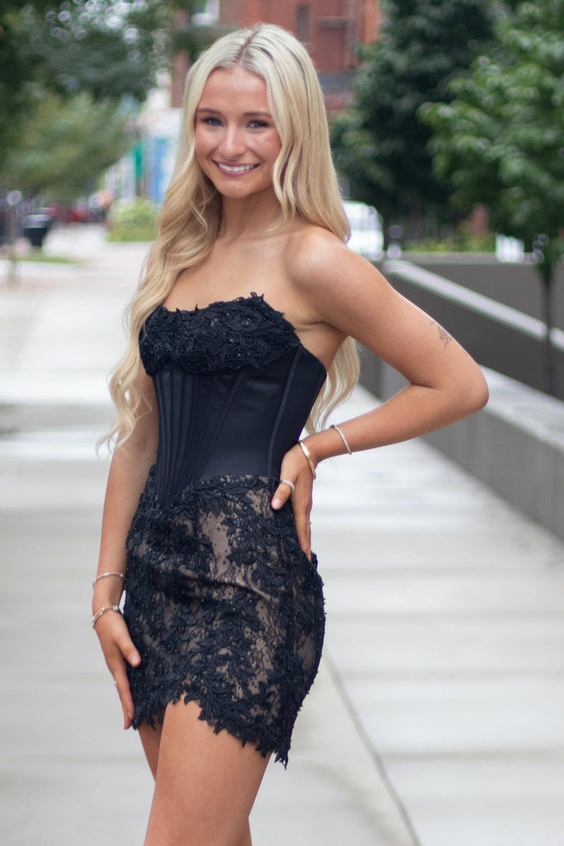 Load image into Gallery viewer, Sparkly Black Strapless Corset Short Cocktail Dress with Lace