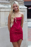 Load image into Gallery viewer, Sparkly Black Strapless Corset Short Cocktail Dress with Lace
