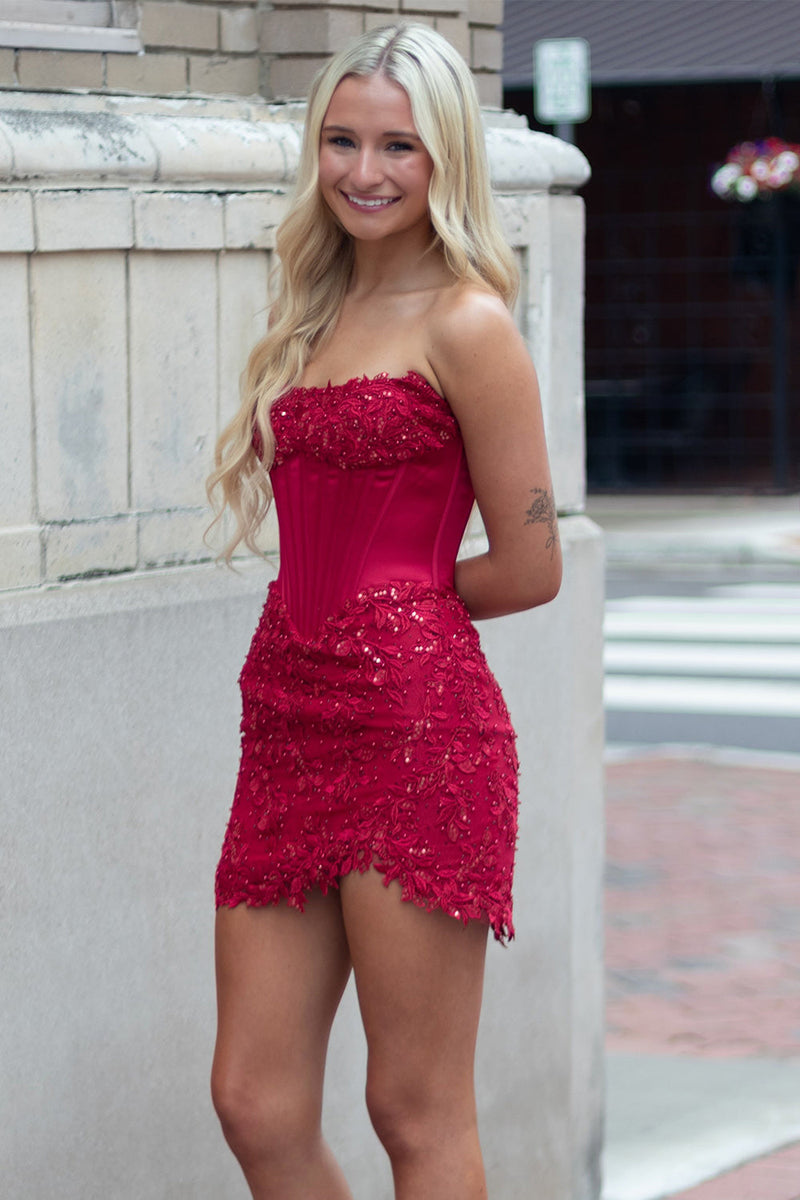 Load image into Gallery viewer, Sparkly Black Strapless Corset Short Cocktail Dress with Lace