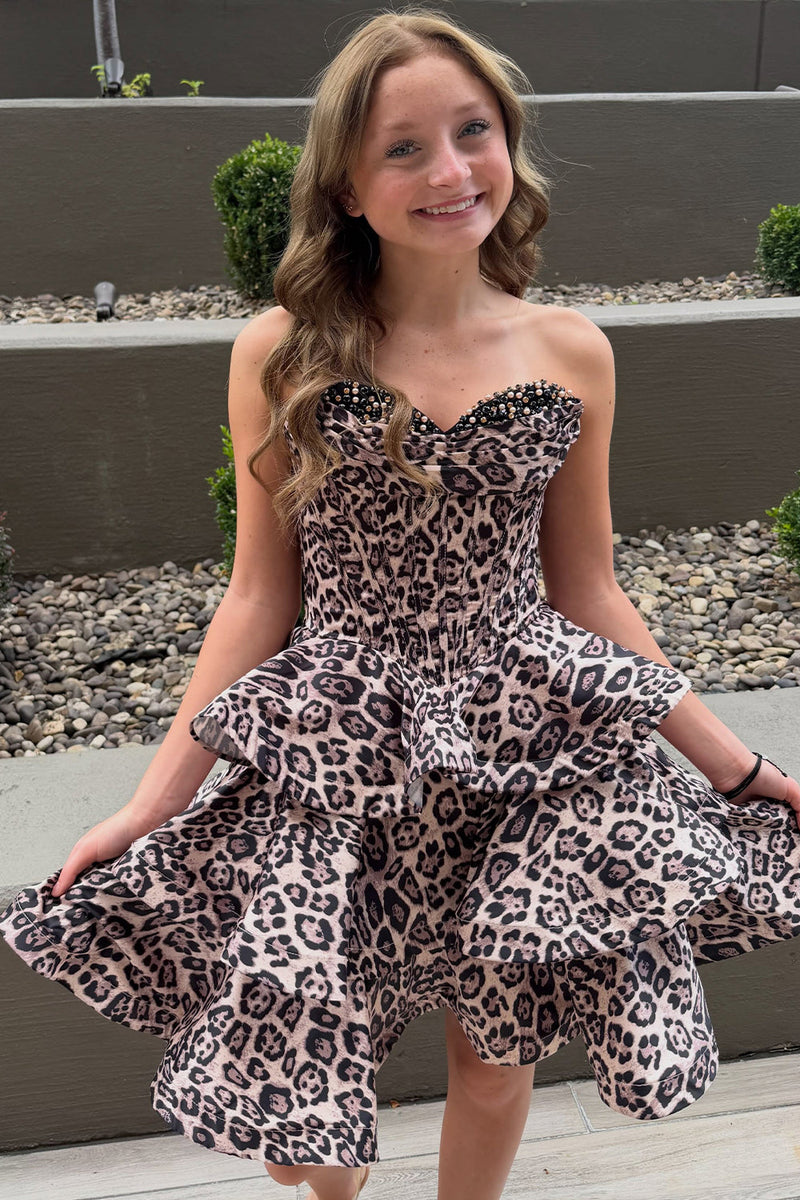 Load image into Gallery viewer, Brown Leopard Printed Corset Ruffled Sweethesrt Short Cocktail Dress