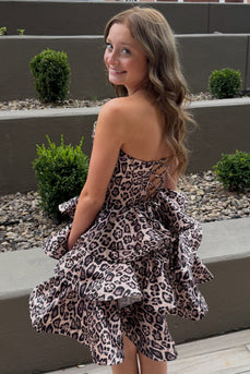 Brown Leopard Printed Corset Ruffled Sweethesrt Short Cocktail Dress