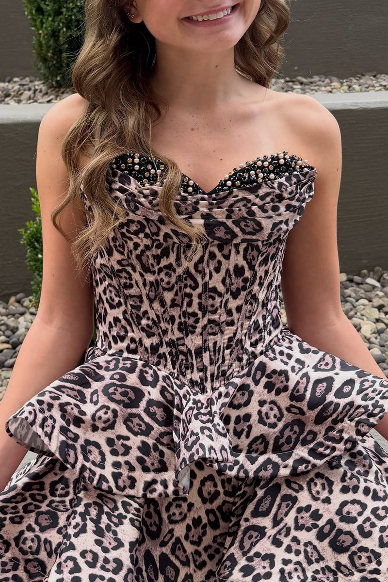 Load image into Gallery viewer, Brown Leopard Printed Corset Ruffled Sweethesrt Short Cocktail Dress