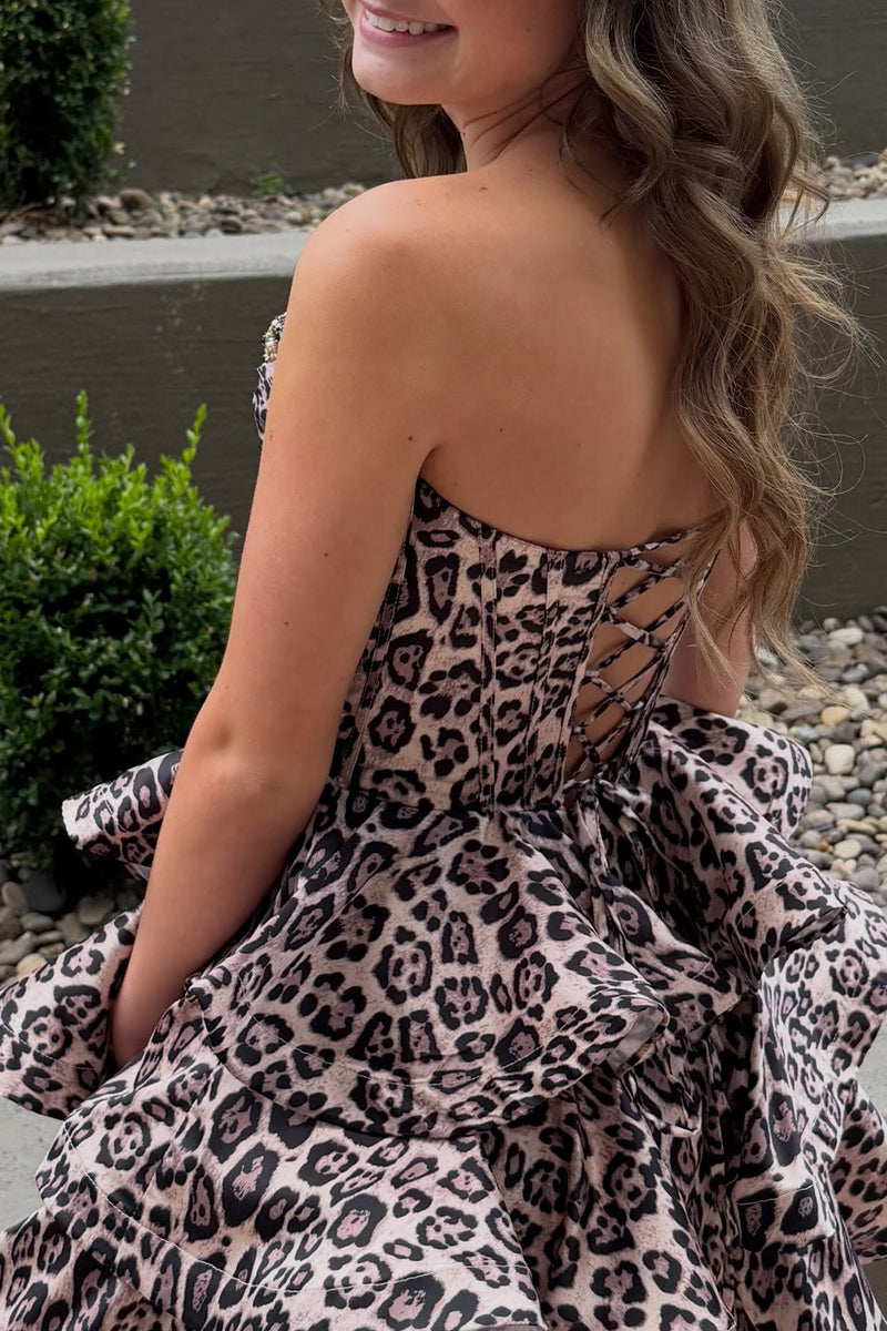 Load image into Gallery viewer, Brown Leopard Printed Corset Ruffled Sweethesrt Short Cocktail Dress