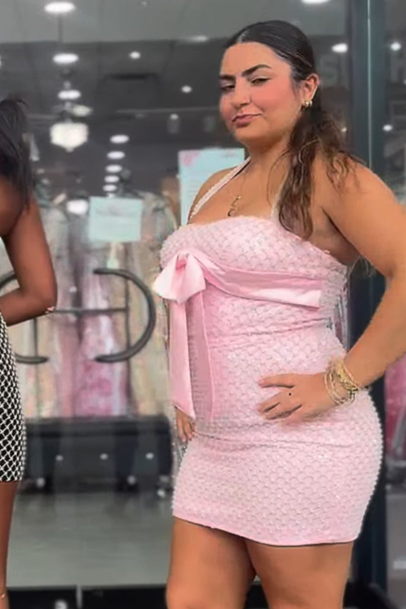 Load image into Gallery viewer, Black Tight Halter Neck Sparkly Short Cocktail Dress with Bow
