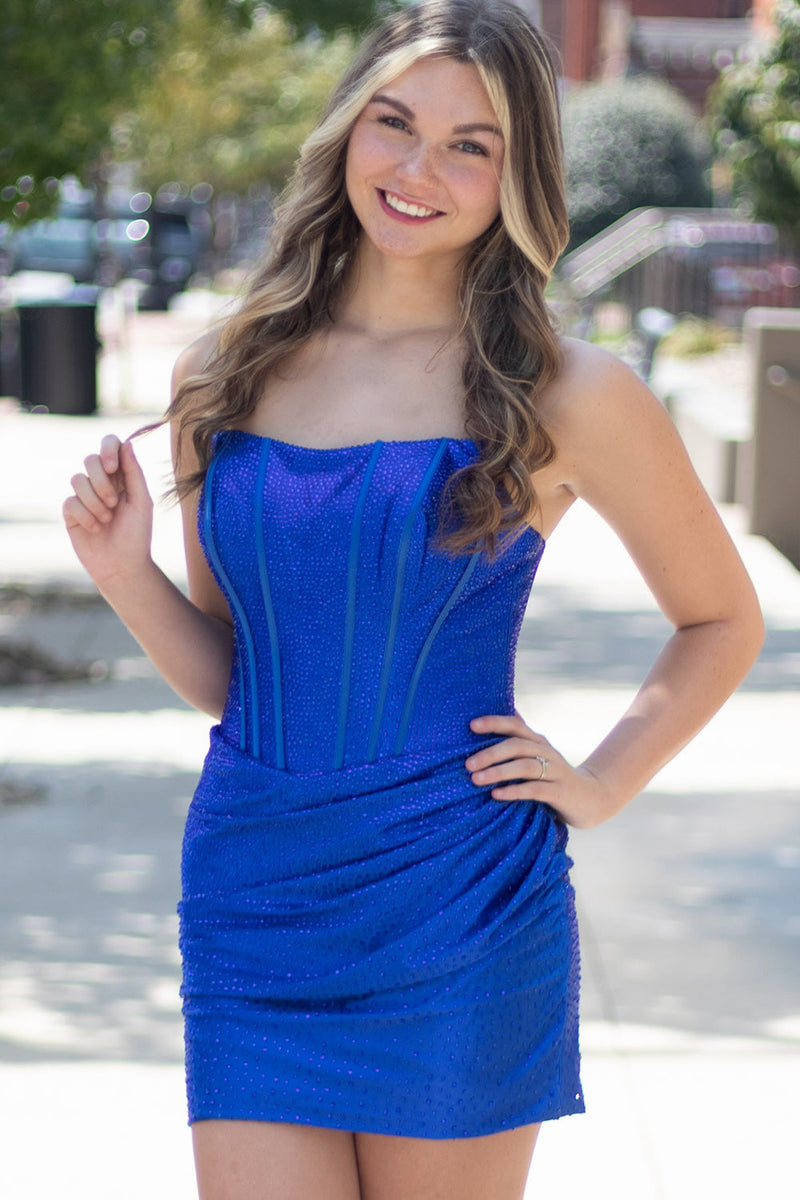 Load image into Gallery viewer, Royal Blue Corset Sparkly Bodycon Strapless Short Cocktail Dress