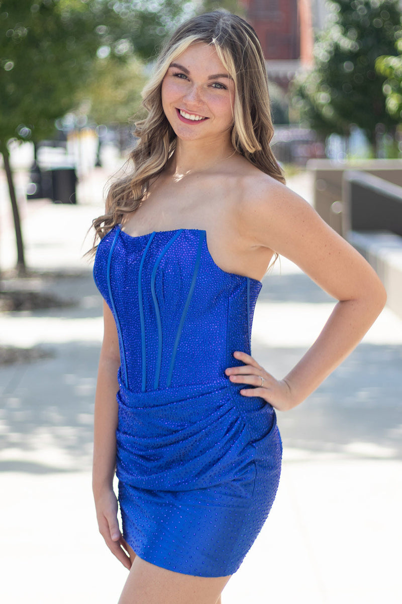 Load image into Gallery viewer, Royal Blue Corset Sparkly Bodycon Strapless Short Cocktail Dress
