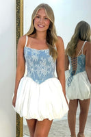 Load image into Gallery viewer, Sparkly White and Blue A Line Corset Short Bubble Cocktail Dress with Pearls