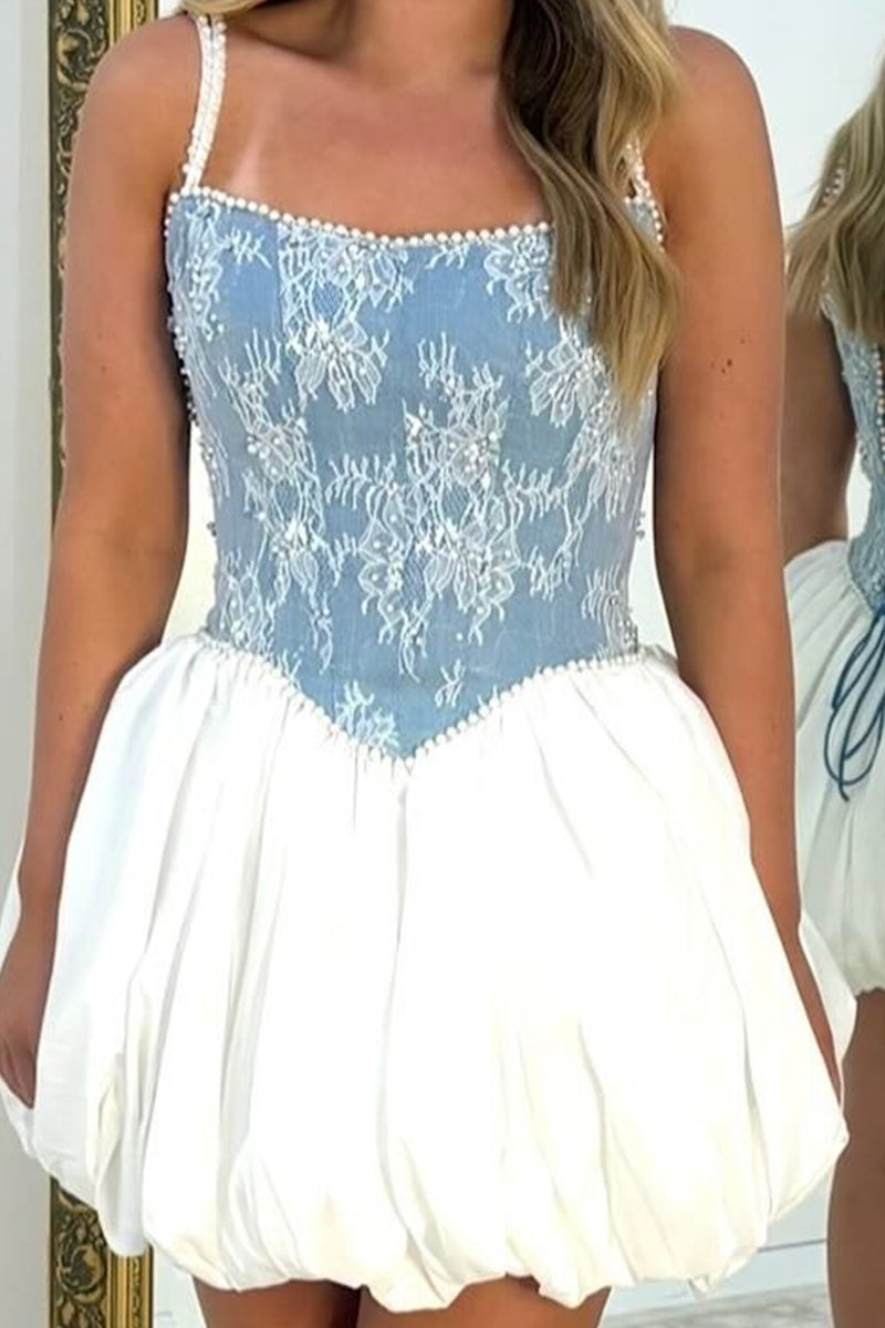Load image into Gallery viewer, Sparkly White and Blue A Line Corset Short Bubble Cocktail Dress with Pearls