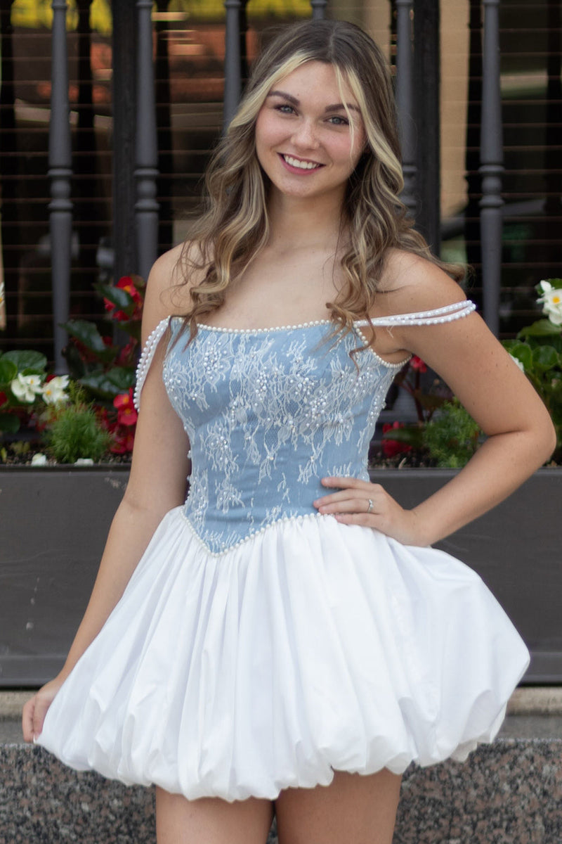 Load image into Gallery viewer, Sparkly White and Blue A Line Corset Short Bubble Cocktail Dress with Pearls