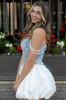 Load image into Gallery viewer, Sparkly White and Blue A Line Corset Short Bubble Cocktail Dress with Pearls