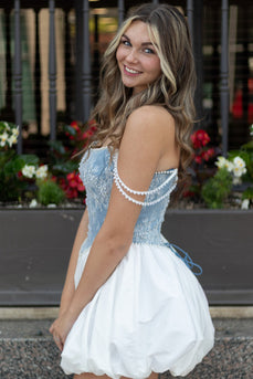 Sparkly White and Blue A Line Corset Short Bubble Cocktail Dress with Pearls