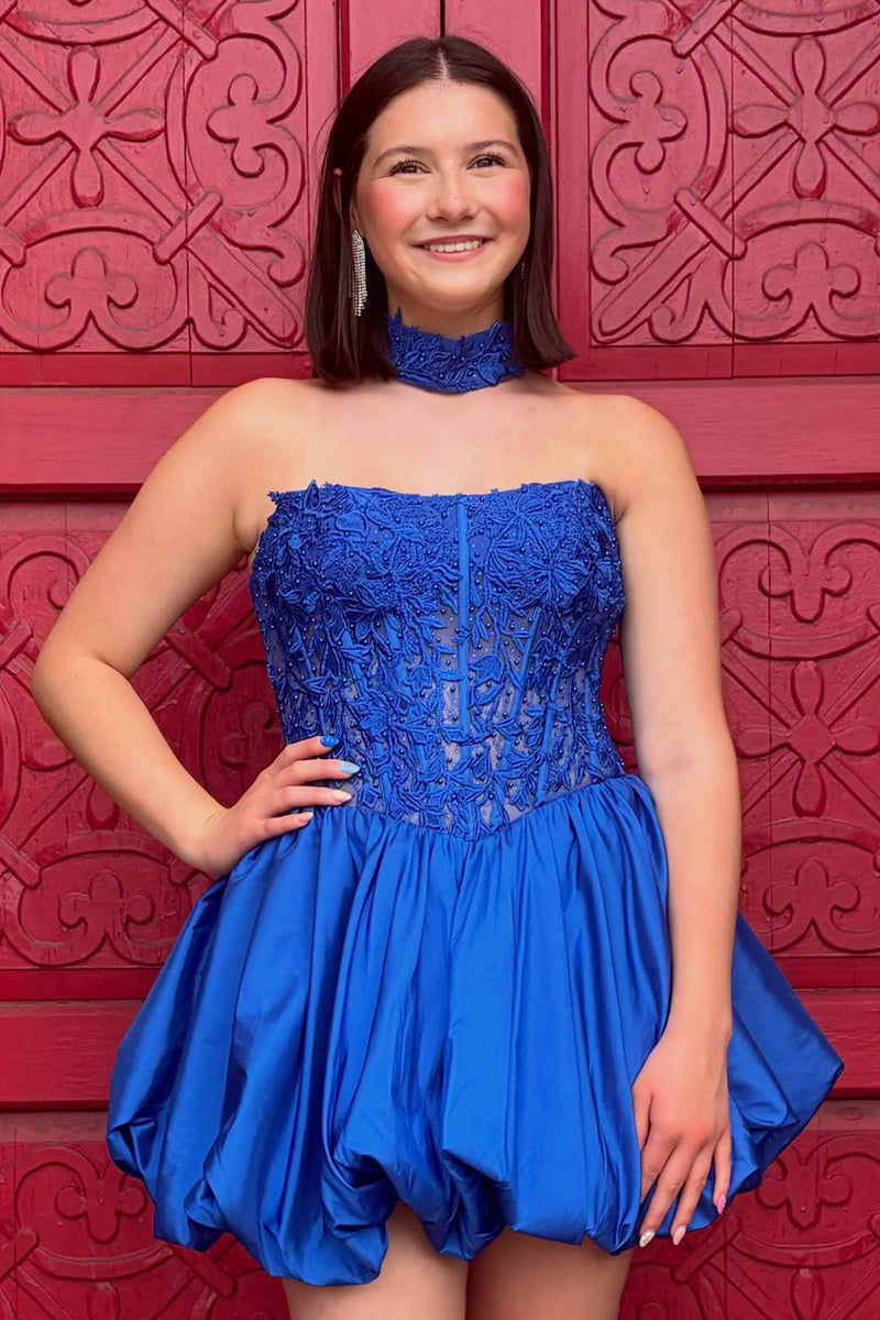 Load image into Gallery viewer, Royal Blue Floral Strapless Corset Short Bubble Cocktail Dress with Lace