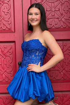 Royal Blue Floral Strapless Corset Short Bubble Cocktail Dress with Lace