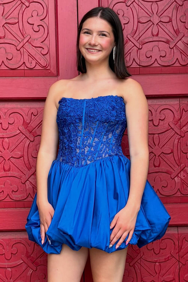 Load image into Gallery viewer, Royal Blue Floral Strapless Corset Short Bubble Cocktail Dress with Lace