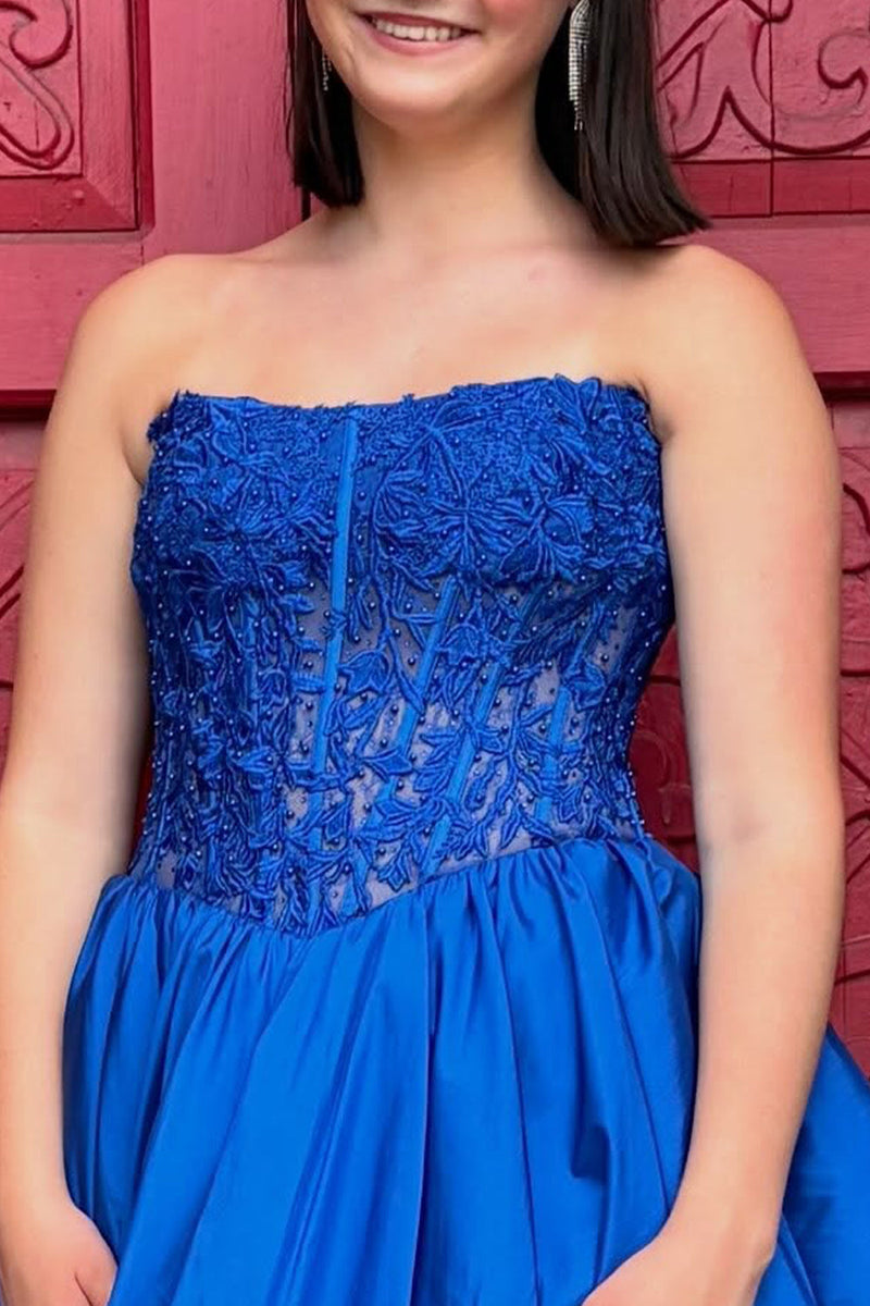 Load image into Gallery viewer, Royal Blue Floral Strapless Corset Short Bubble Cocktail Dress with Lace