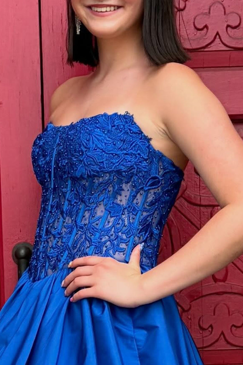 Load image into Gallery viewer, Royal Blue Floral Strapless Corset Short Bubble Cocktail Dress with Lace