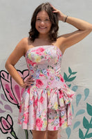 Load image into Gallery viewer, Floral Pink A-Line Strapless Short Cocktail Dress with Bow
