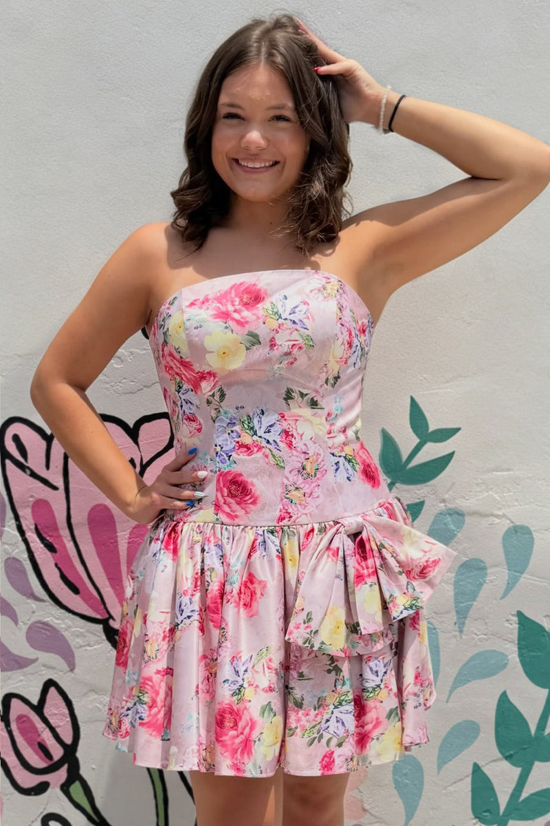 Load image into Gallery viewer, Floral Pink A-Line Strapless Short Cocktail Dress with Bow