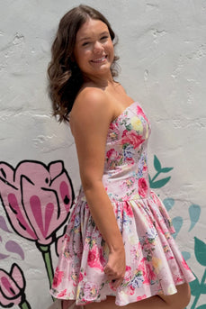 Floral Pink A-Line Strapless Short Cocktail Dress with Bow