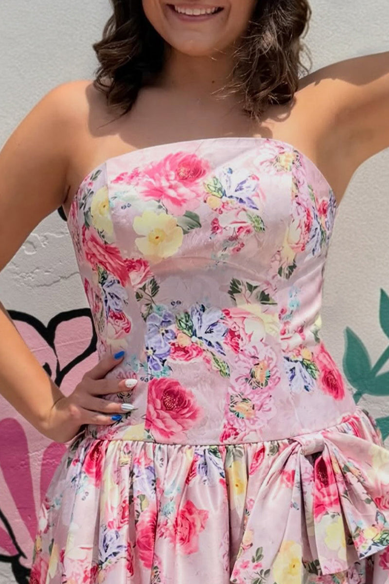 Load image into Gallery viewer, Floral Pink A-Line Strapless Short Cocktail Dress with Bow