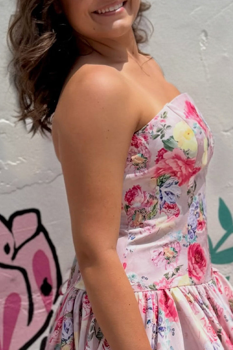 Load image into Gallery viewer, Floral Pink A-Line Strapless Short Cocktail Dress with Bow