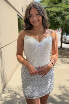 Sparkly White Corset Strapless Tight Short Cocktail Dress with Pearls