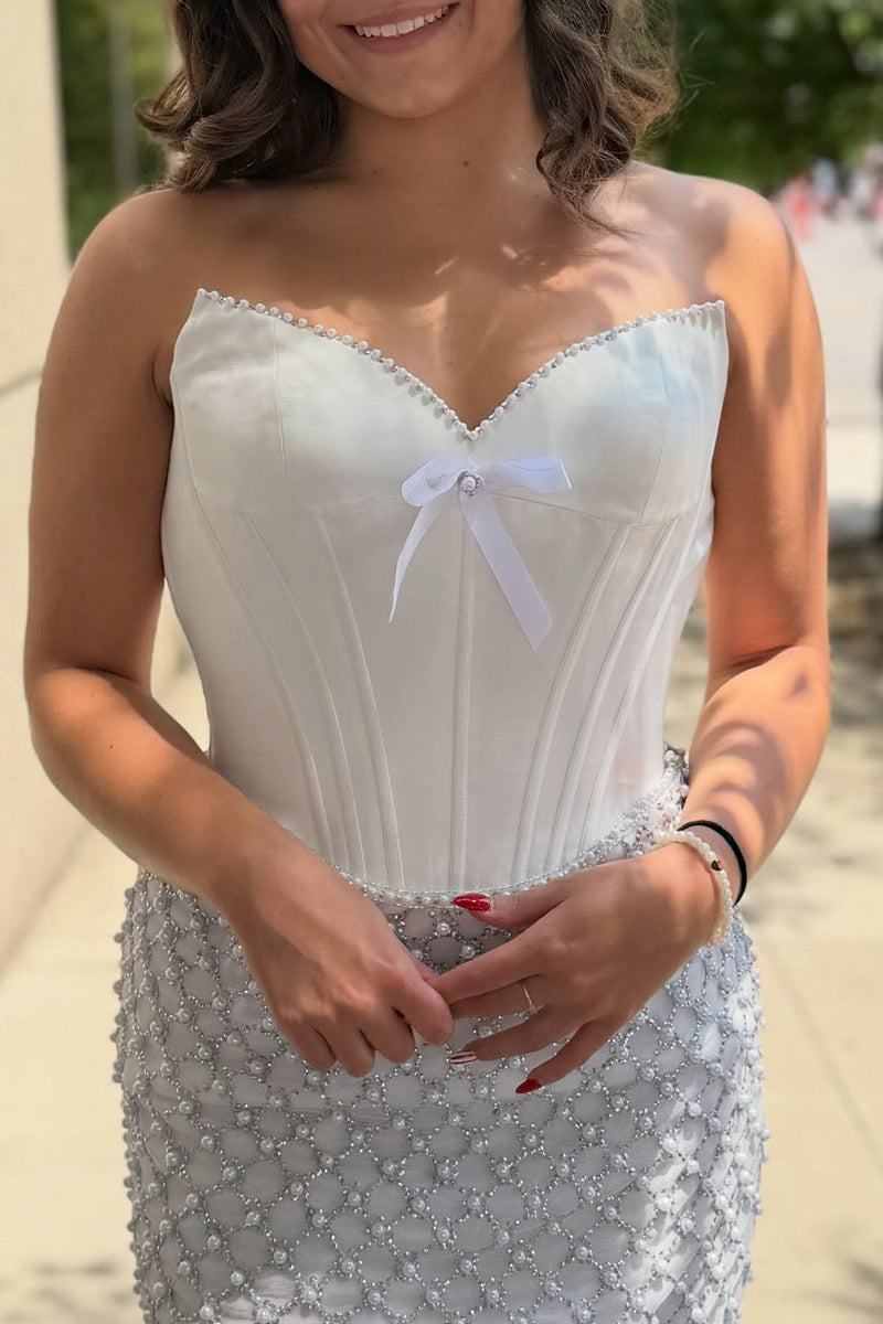 Load image into Gallery viewer, Sparkly White Corset Strapless Tight Short Cocktail Dress with Pearls