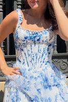 Load image into Gallery viewer, Blue Floral Square Neck Corset Ruffled Short Cocktail Dress with Pearls
