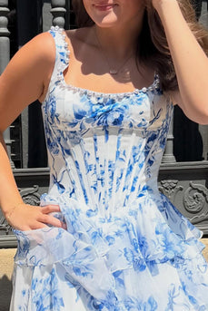 Blue Floral Square Neck Corset Ruffled Short Cocktail Dress with Pearls