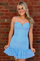 Load image into Gallery viewer, Light Blue Corset Ruffled Spaghetti StrapsShort Cocktail Dress