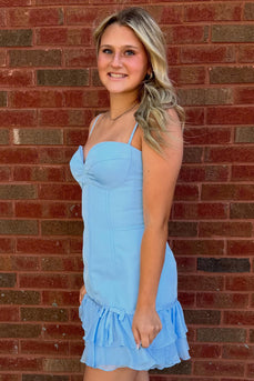 Light Blue Corset Ruffled Spaghetti StrapsShort Cocktail Dress