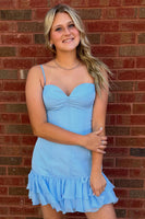 Load image into Gallery viewer, Light Blue Corset Ruffled Spaghetti StrapsShort Cocktail Dress