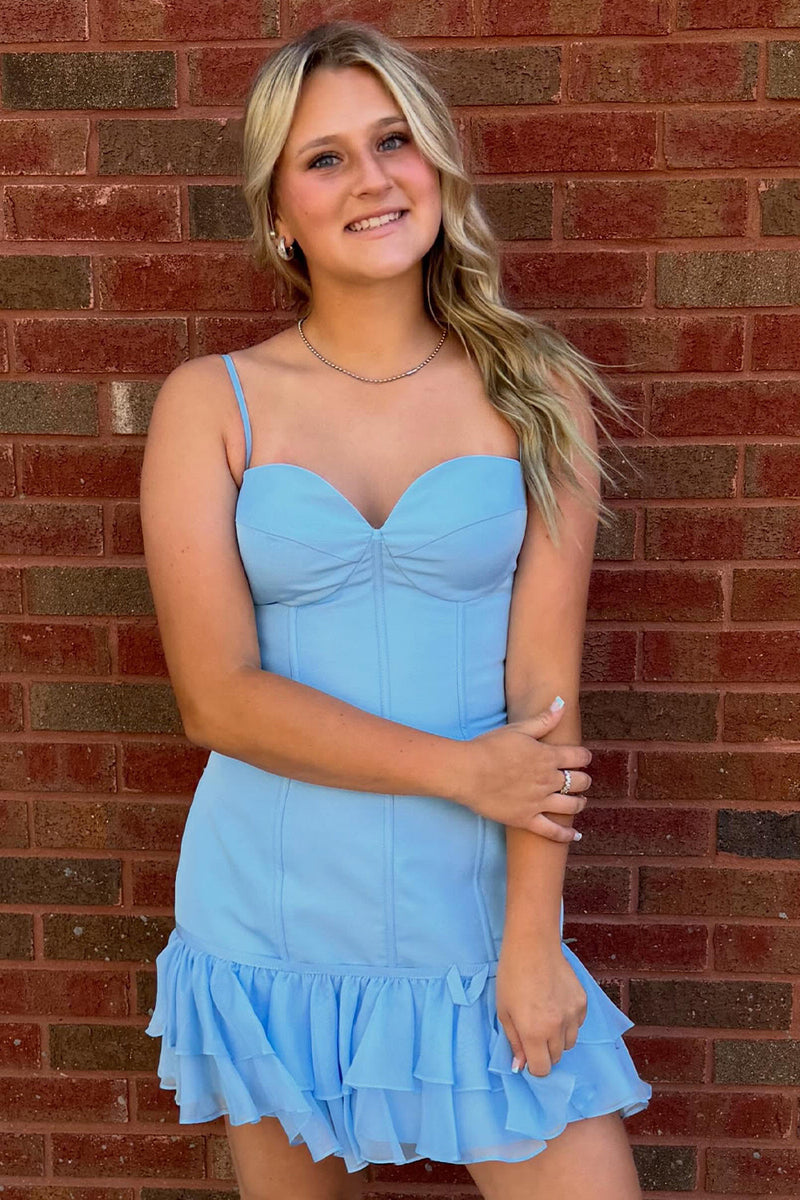 Load image into Gallery viewer, Light Blue Corset Ruffled Spaghetti StrapsShort Cocktail Dress