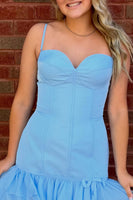 Load image into Gallery viewer, Light Blue Corset Ruffled Spaghetti StrapsShort Cocktail Dress