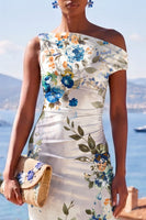 Load image into Gallery viewer, Floral White Blue Ruched Sheath Long Beach Wedding Guest Dress