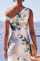 Load image into Gallery viewer, Floral White Blue Ruched Sheath Long Beach Wedding Guest Dress