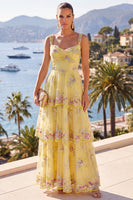 Load image into Gallery viewer, Sparkly Yellow A Line Ruffled Beaded Maxi Floral Beach Wedding Guest Dress