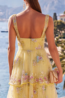 Load image into Gallery viewer, Sparkly Yellow A Line Ruffled Beaded Maxi Floral Beach Wedding Guest Dress