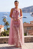 Load image into Gallery viewer, Sparkly Dusty Rose Sequins Sheath Long Wedding Guest Dress with Cape