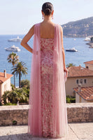 Load image into Gallery viewer, Sparkly Dusty Rose Sequins Sheath Long Wedding Guest Dress with Cape
