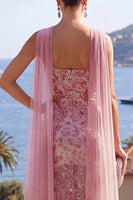 Load image into Gallery viewer, Sparkly Dusty Rose Sequins Sheath Long Wedding Guest Dress with Cape