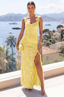 Load image into Gallery viewer, Butter Yellow Ruffled Floral Sheath Maxi Wedding Guest Dress with Slit