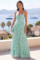 Load image into Gallery viewer, Mint Floral Lace A Line Ruffled Spaghetti Straps Maxi Wedding Guest Dress