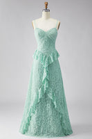 Load image into Gallery viewer, Mint Floral Lace A Line Ruffled Spaghetti Straps Maxi Wedding Guest Dress