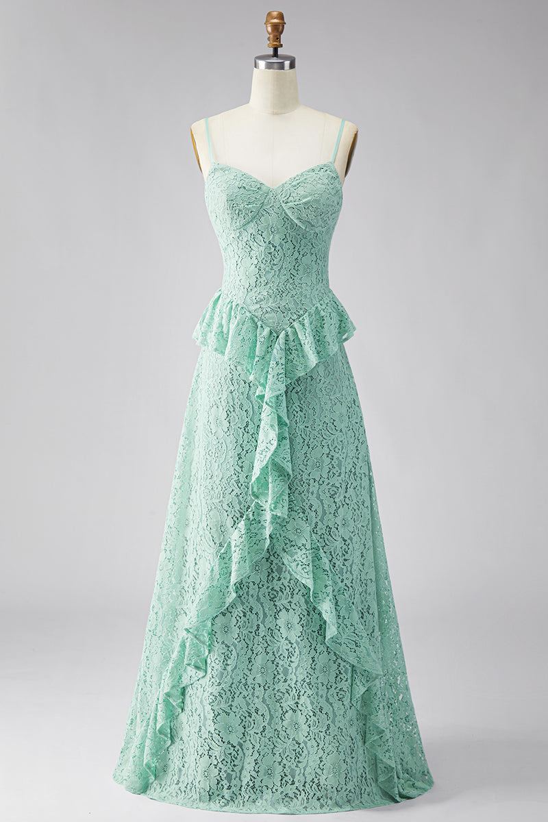 Load image into Gallery viewer, Mint Floral Lace A Line Ruffled Spaghetti Straps Maxi Wedding Guest Dress
